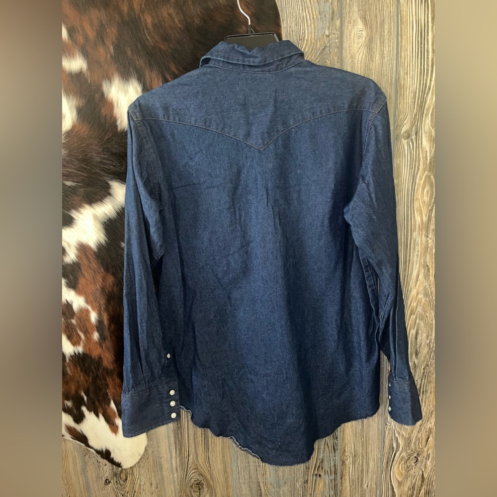 Vintage wrangler classic blue jean pearl snap cowboy cut 16.5/34 western shirt - Picture 5 of 5